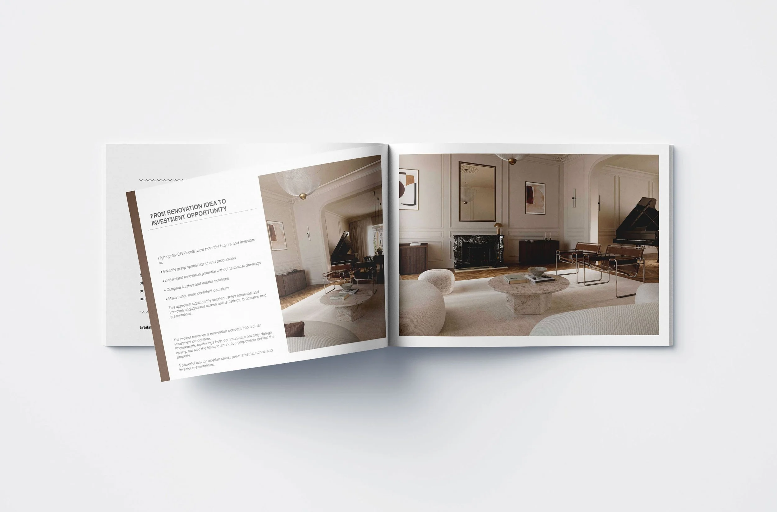 Open magazine displaying interior living room with modern furniture, white walls, marble fireplace, and piano.