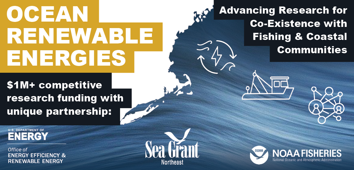 A promotional graphic with the coastline of the gulf of maine, logos symbolizing offshore renewable energy, and logos and text describing the project