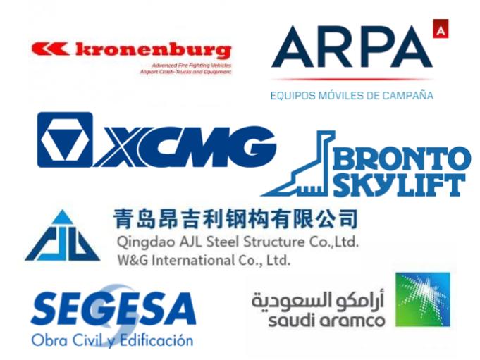 Compilation of logos from various companies including Kronenburg, ARPA, Bronto Skylift, Qingdao AJL Steel Structure Co., Ltd., W&G International Co., Ltd., SEGESA, and Saudi Aramco.