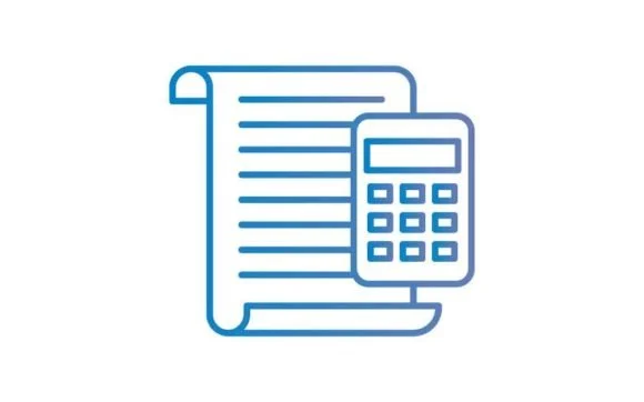 Outline of a scroll of paper and a calculator in blue.