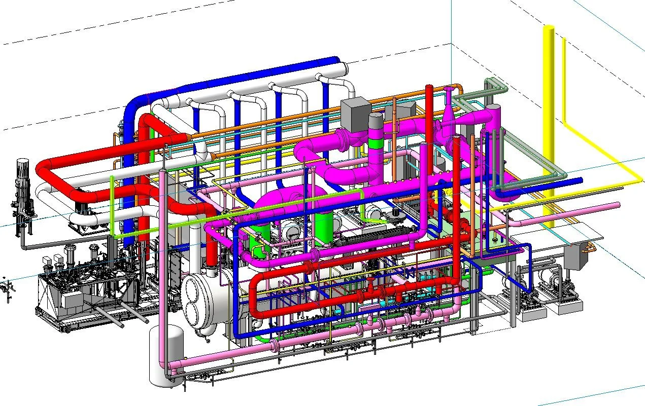 Diagramma complesso di un sistema di tubazioni con tubi di vari colori interconnessi, componenti meccanici e strutture di supporto.