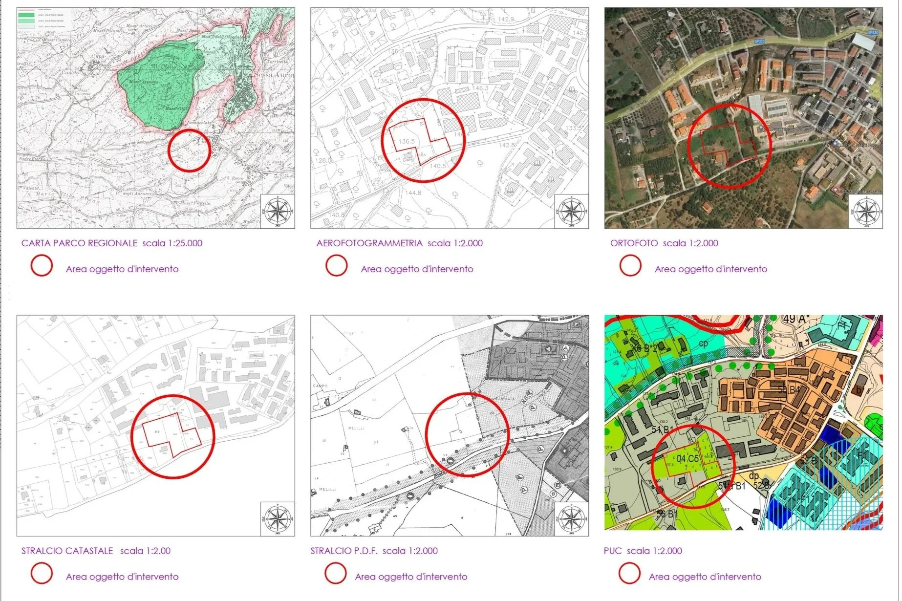 Piano di progetto urbanistico con mappe, planimetrie e immagini satellitari, evidenziando con cerchi rossi l'area di intervento nel territorio di Sessa Aurunca, provincia di Caserta.