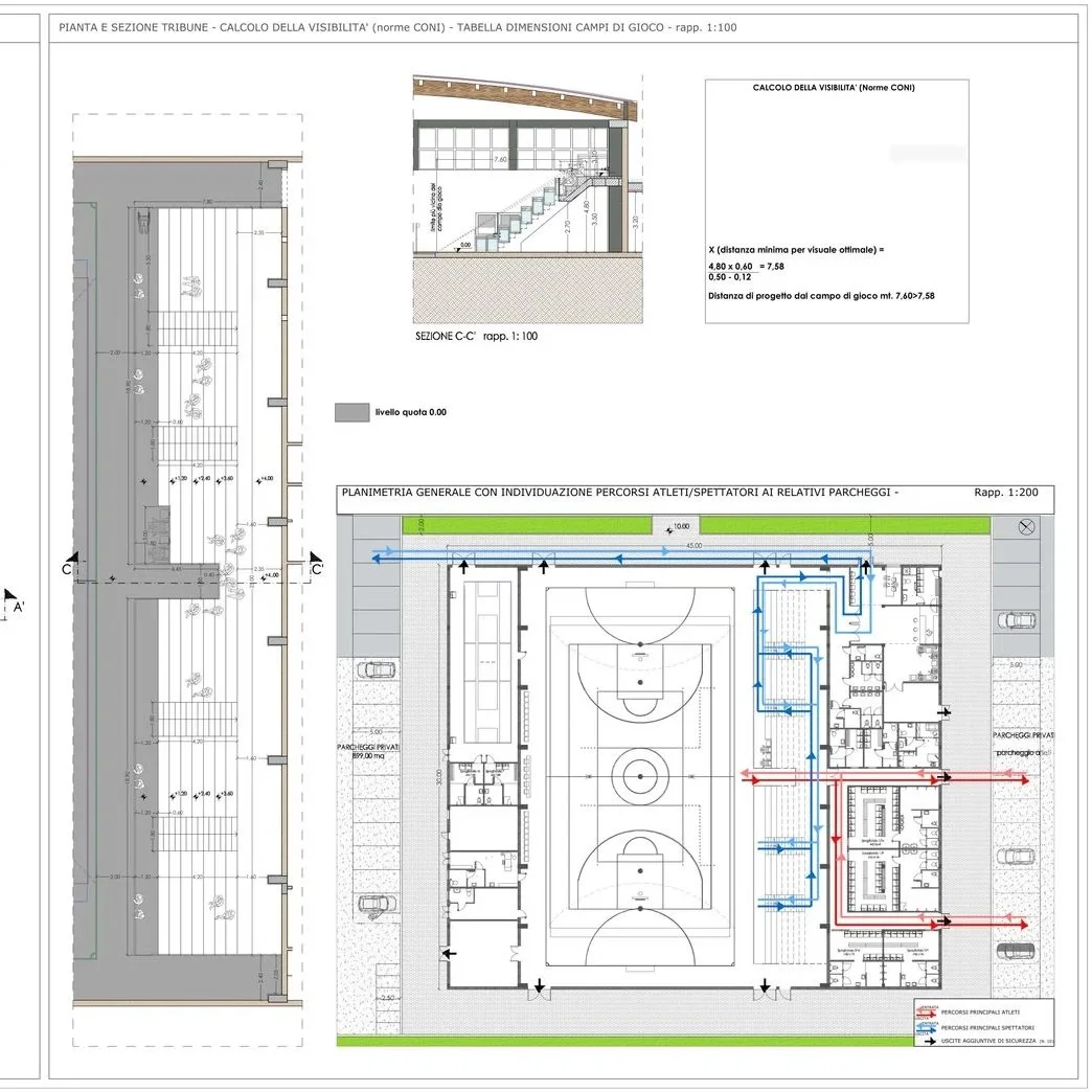 Pianta tecnica di un nuovo complesso sportivo con un campo da basket, e spaziosi ambienti adiacenti, e dettagli strutturali e progettuali.