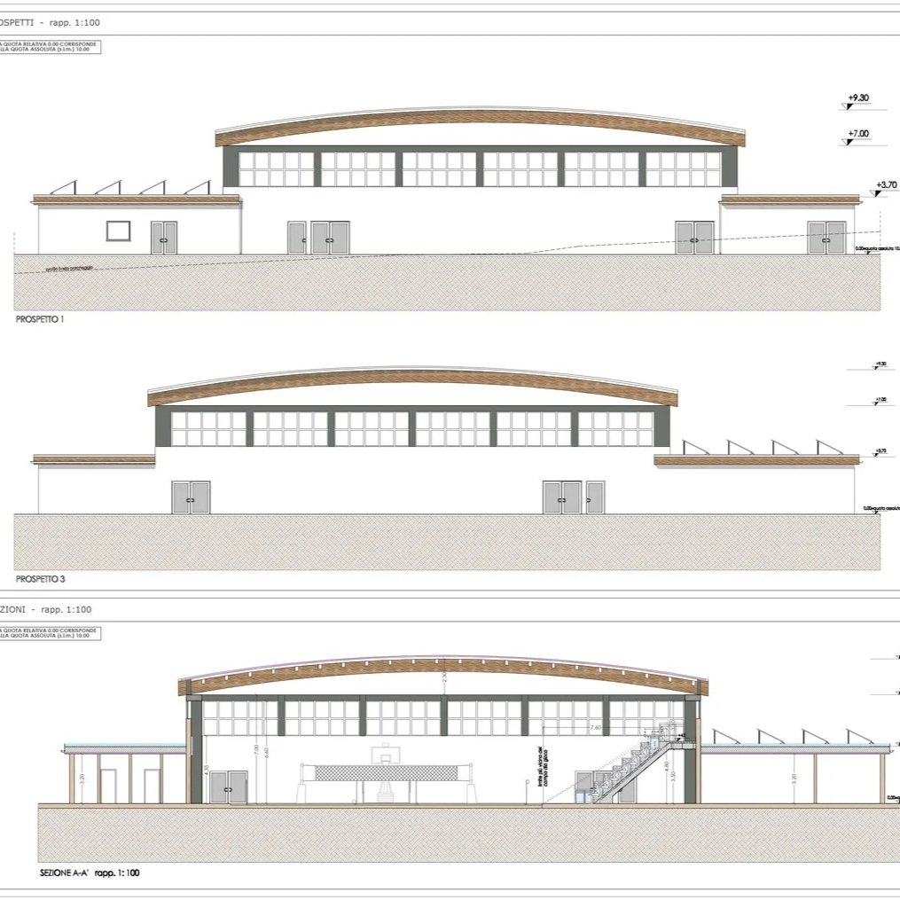 Disegno architettonico di un edificio sportivo con diverse prospettive e sezioni. Include dettagli di strutture e dimensioni, con alcune aree interne visibili in sezione.