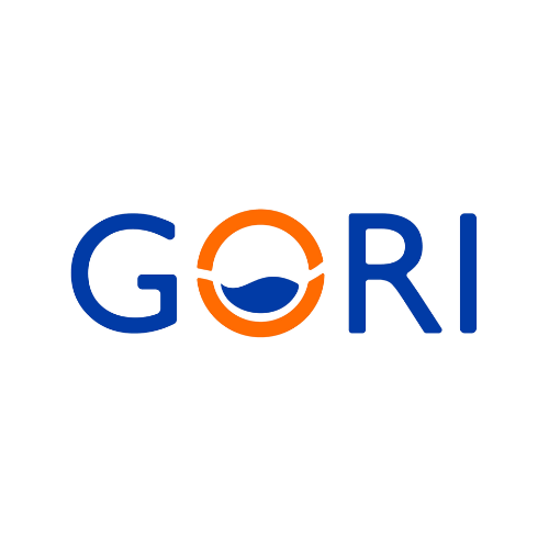 Logotipo con la parola "GORI", con la lettera "O" stilizzata come un diamante arancione con un'onda blu al centro.