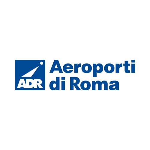 Logo di ADR Aeroporti di Roma con sfondo blu e testo bianco.