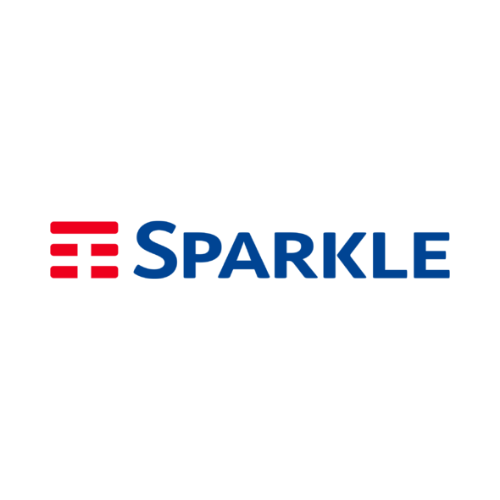 Logo di Sparkle con il testo in blu e un'icona rossa a tre linee sopra.