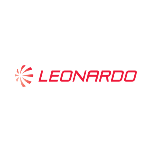 Logo con simbolo circolare stilizzato e la scritta 'LEONARDO' in rosso su sfondo nero.
