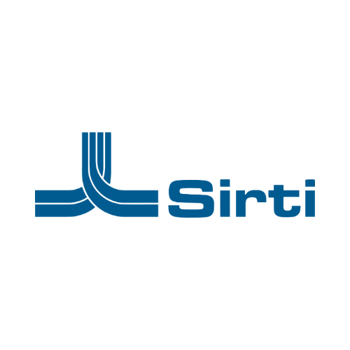 Logo di Sirti con simbolo di linee blu e nome in blu.