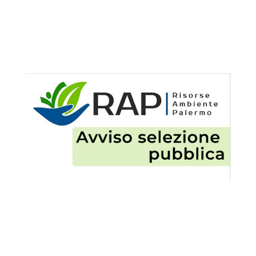 Logo di RAP Palermo con un'icona di una foglia e una mano, seguito dal testo 'Risorse Ambiente Palermo' e 'Avviso selezione pubblica' su sfondo bianco e verde.