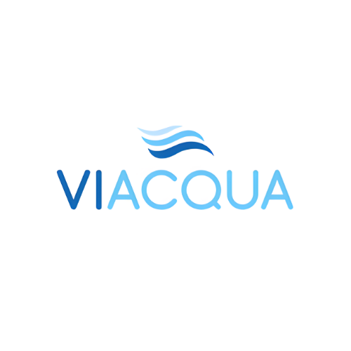 Logo con onde stilizzate sopra la parola "VIACQUA" in blu.
