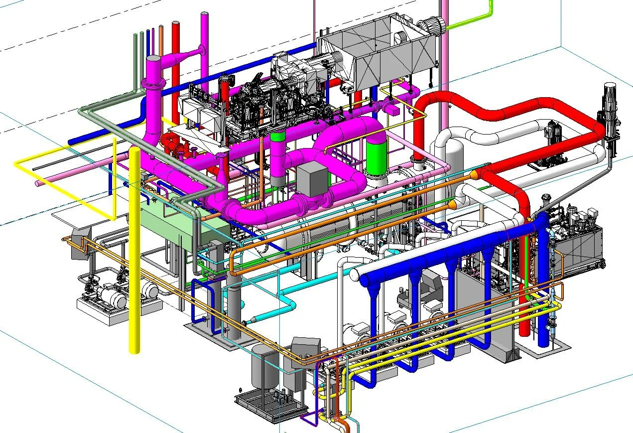 Diagramma di un sistema complesso di tubature e apparecchiature industriali, con tubi di vari colori e strutture meccaniche.