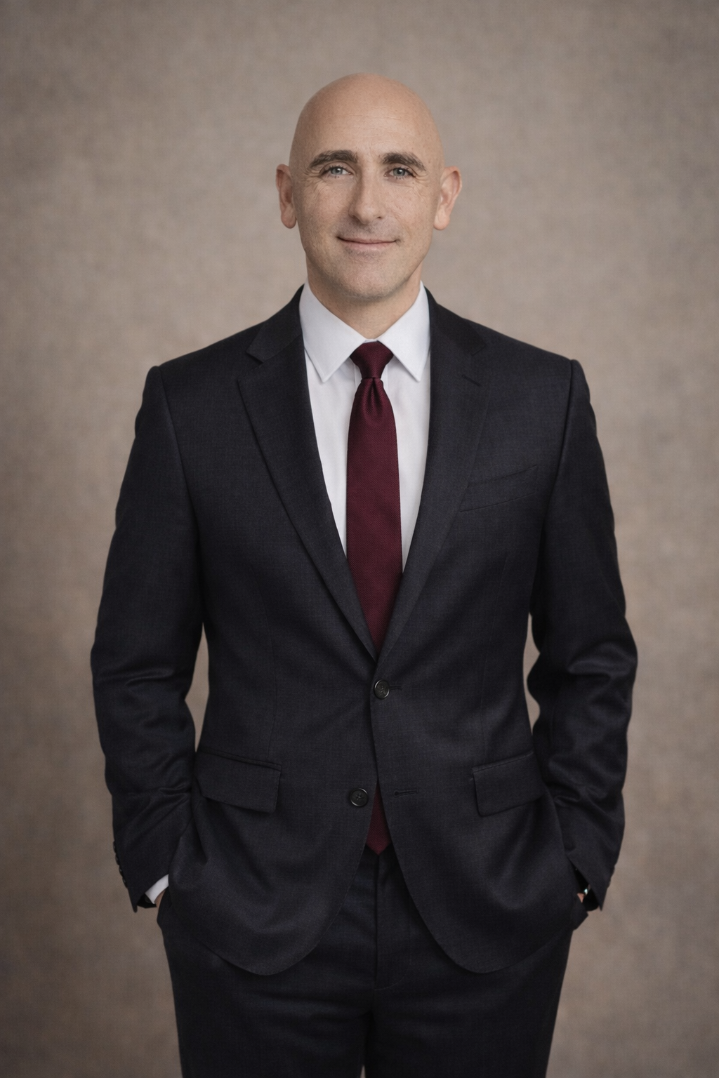 Professional three-quarter portrait of Gavin Tucker wearing a charcoal gray suit, white dress shirt, and burgundy tie against a warm studio backdrop.