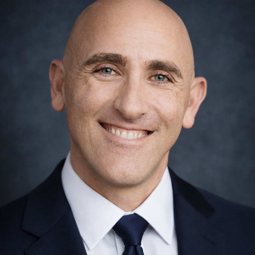 Professional headshot of Gavin Tucker wearing a navy suit, white dress shirt, and navy tie against a dark studio background.