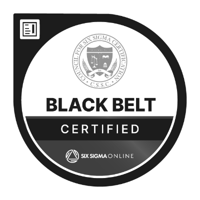 A circular digital badge, black and white in color, indicating successful completion of the Lean Six Sigma Black Belt Certification