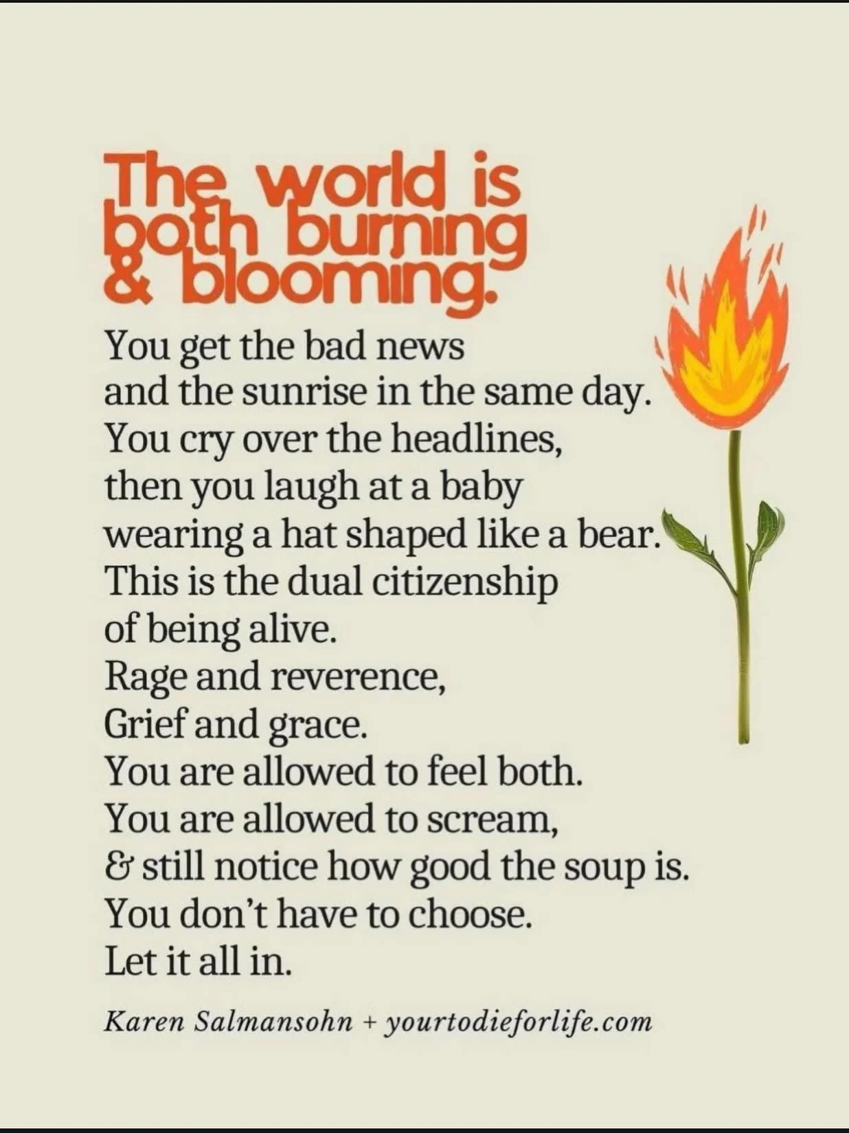 A friend just sent this to me and it really hit. Dual citizenship of being alive. 

Today I feel the grief and weariness in my bones. My body is tired and sore. Tears are right below the surface. I need a hug and am looking forward to getting one lat