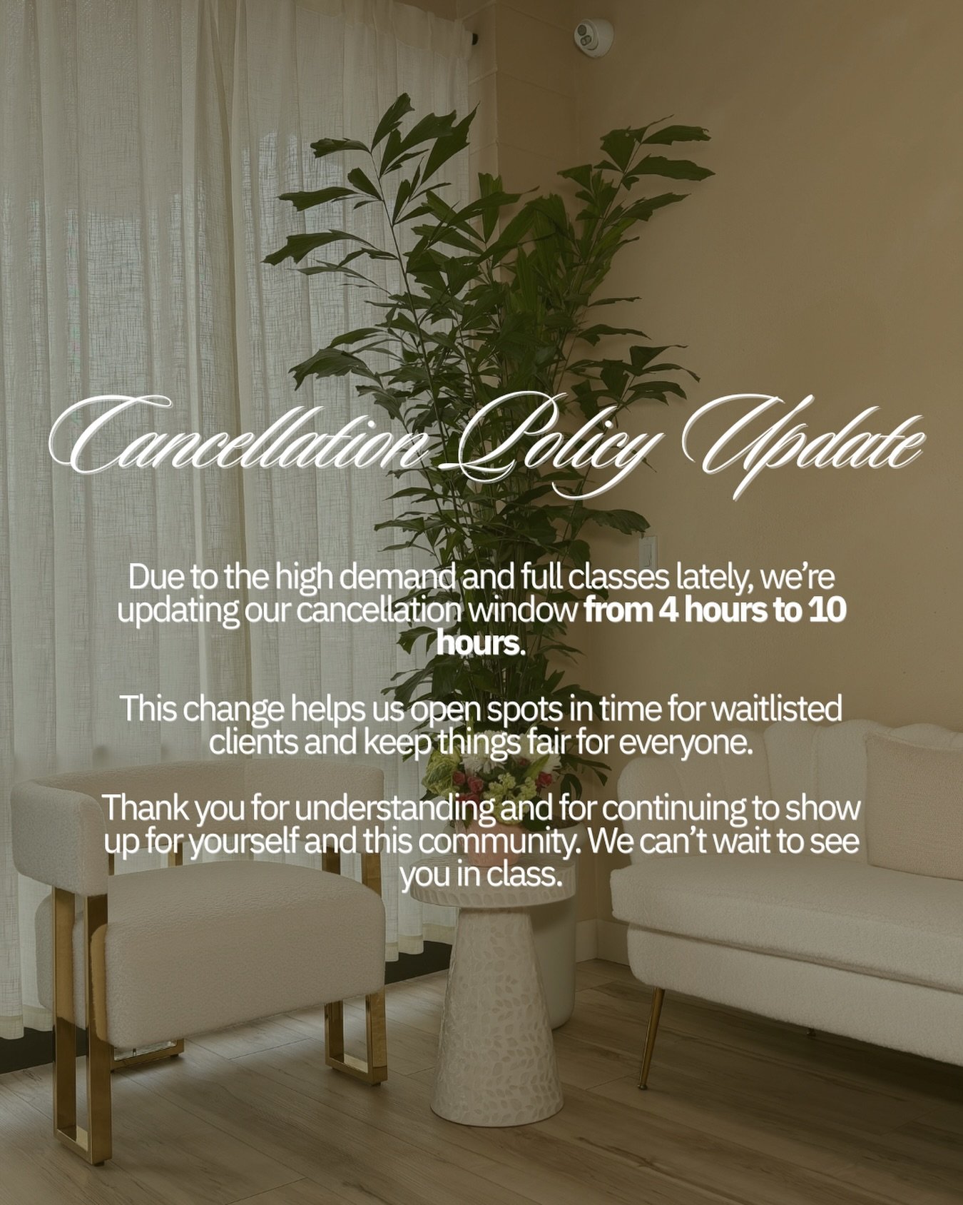 Because our classes have been filling up so quickly (thank you!! 🥹🤍), we&rsquo;re updating our cancellation window from 4 hours to 10 hours. We appreciate you so much for understanding and supporting our growing community! #beflopilates