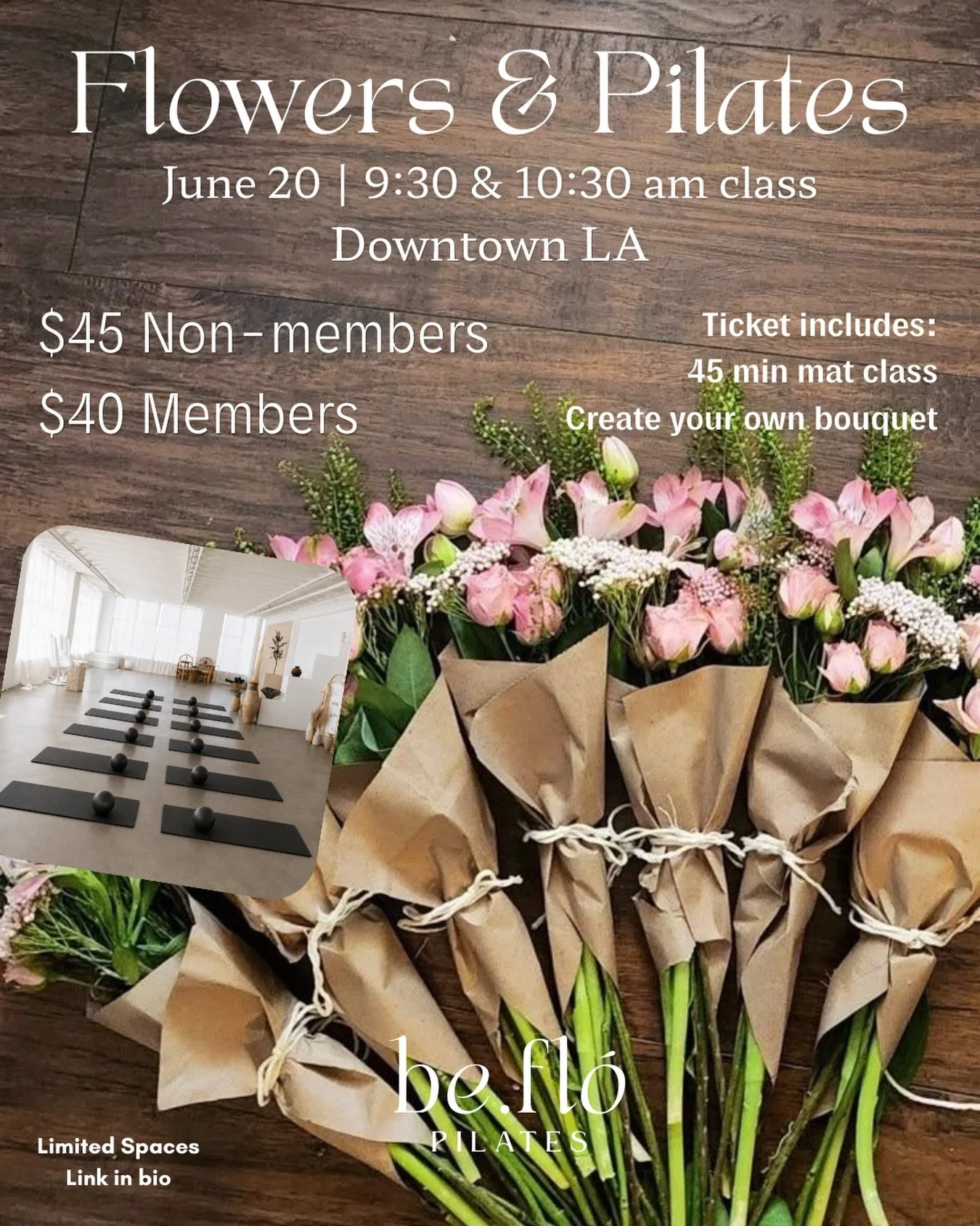 Flowers &amp; Pilates 🌸✨
Join us for a beautiful morning of movement, connection, and creativity. Your ticket includes a 45-minute Pilates class followed by a build-your-own bouquet experience 💐 Limited spots available, we can&rsquo;t wait to flow 