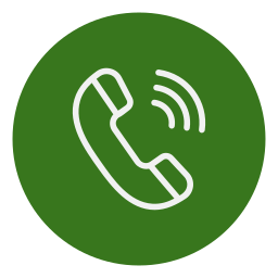 Green circle icon with a white telephone handset and sound waves indicating a phone call or communication.