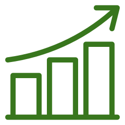 Green bar graph with an upward trending arrow indicating growth or increase
