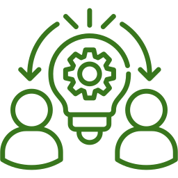Two user icons with a light bulb and gear inside it, connected by lines, representing collaboration or idea sharing.