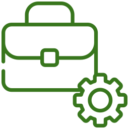 Outline drawing of a briefcase with a gear symbol in front of it.