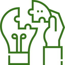 Outline of a human head with a brain and a hand holding a light bulb, symbolizing ideas or creativity.