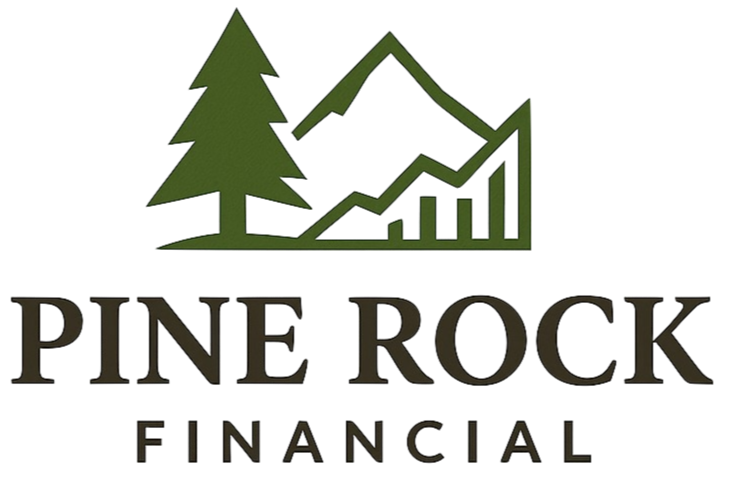 Logo for Pine Rock Financial featuring a stylized mountain and pine tree with a growing financial chart in green, and the company name in black and red text.