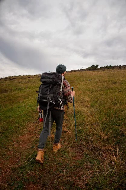 Hiker walking up a grassy trail with a large backpack, trekking pole, and cloudy sky overhead.
