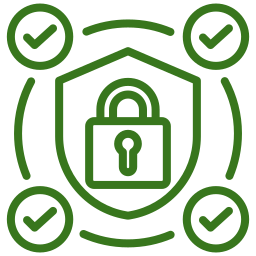 Green sketch of a shield with a padlock in the center, surrounded by checkmarks.