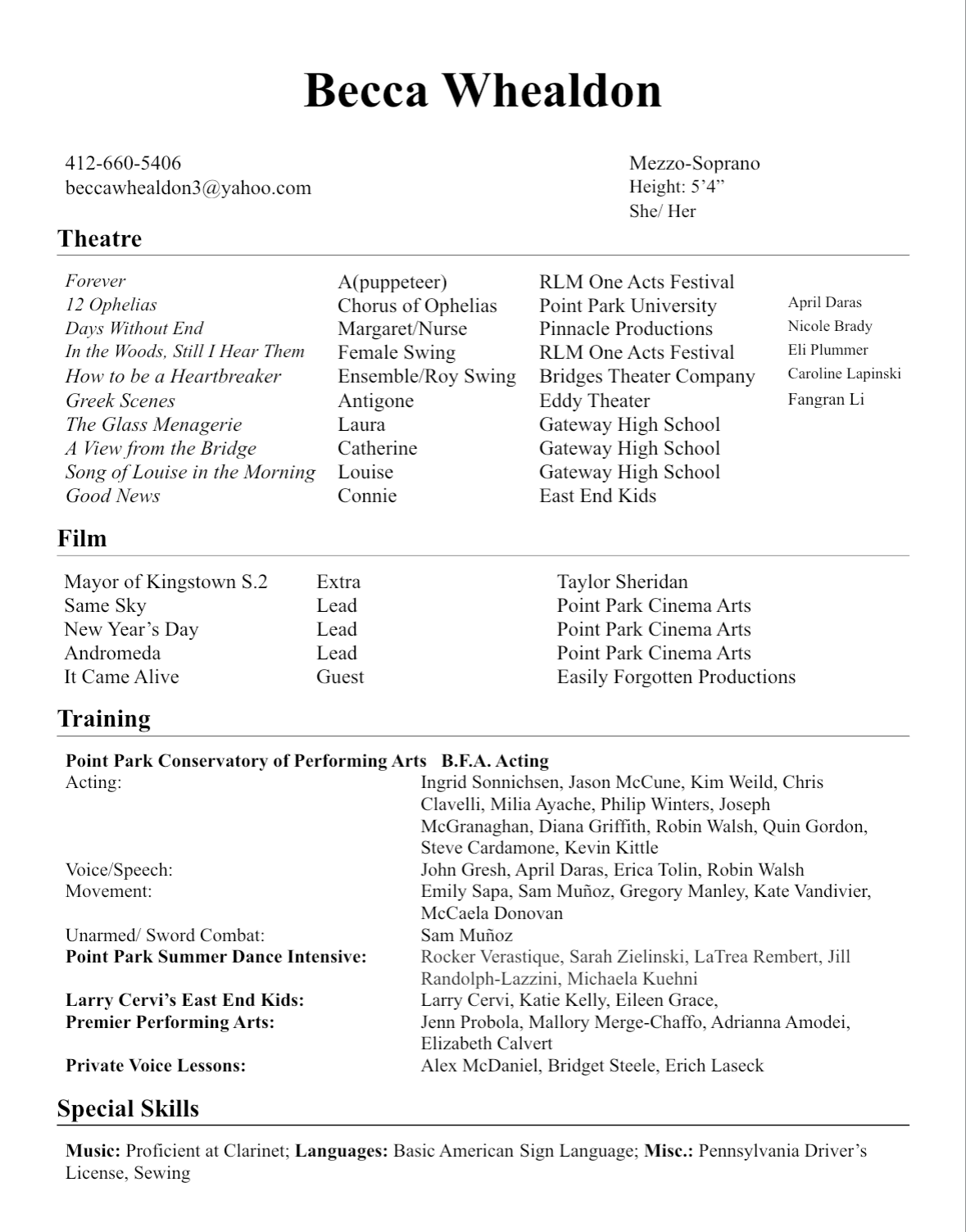 A resume for Becca Whealdon displaying personal details, theatre roles, film projects, training, special skills, and contact information.