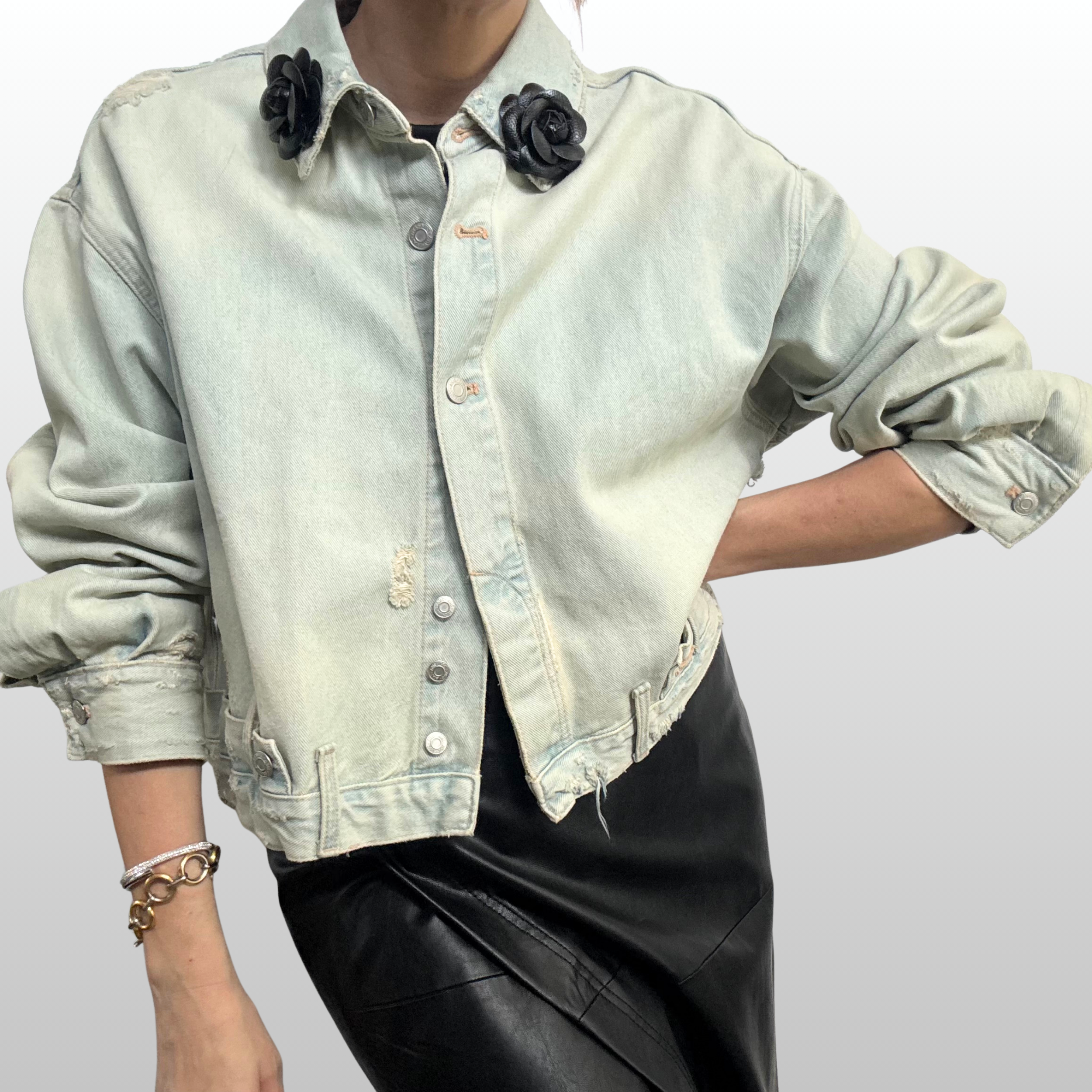 Artisan Rosette Brooch Denim Jacket.png