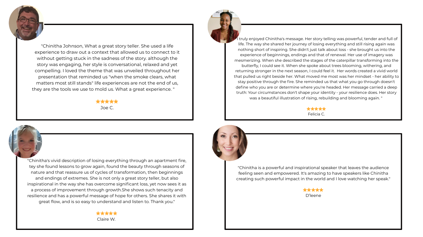 Four testimonials with photos of women and one man, each sharing positive feedback about Chinitha Johnson, with star ratings between four and five stars.