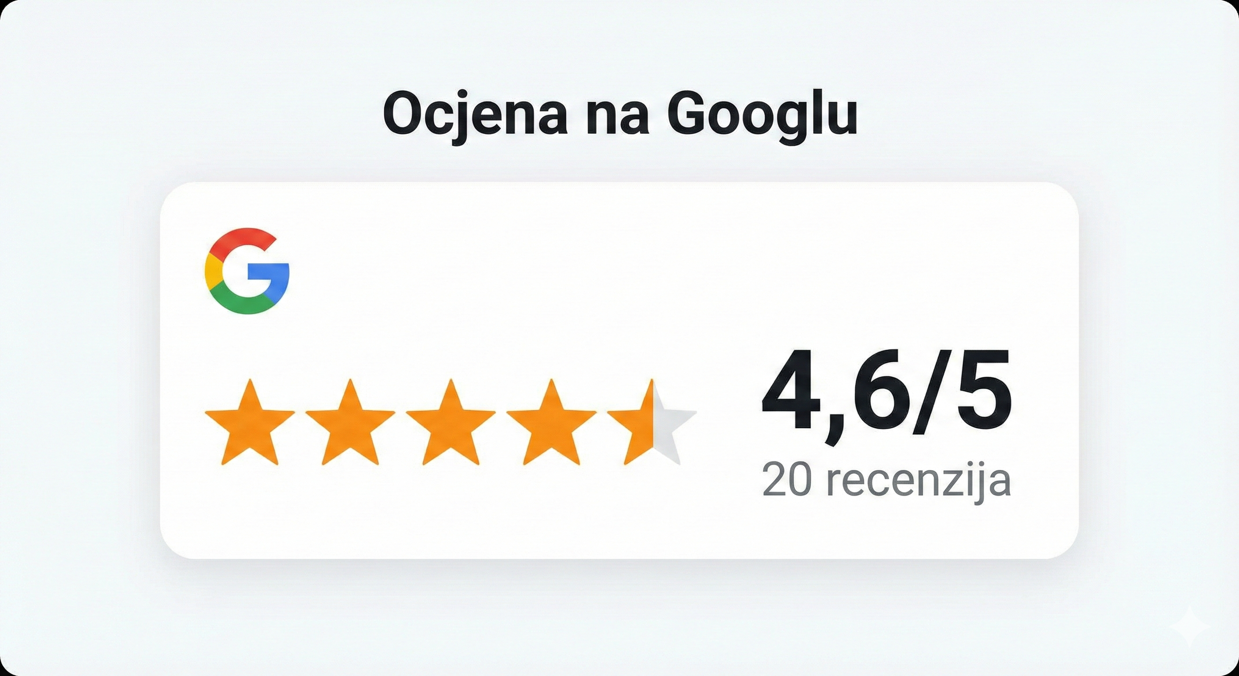 Google app store review with 4.6 out of 5 stars from 20 reviews, showing four and a half orange stars and one half gray star, and the Google logo.