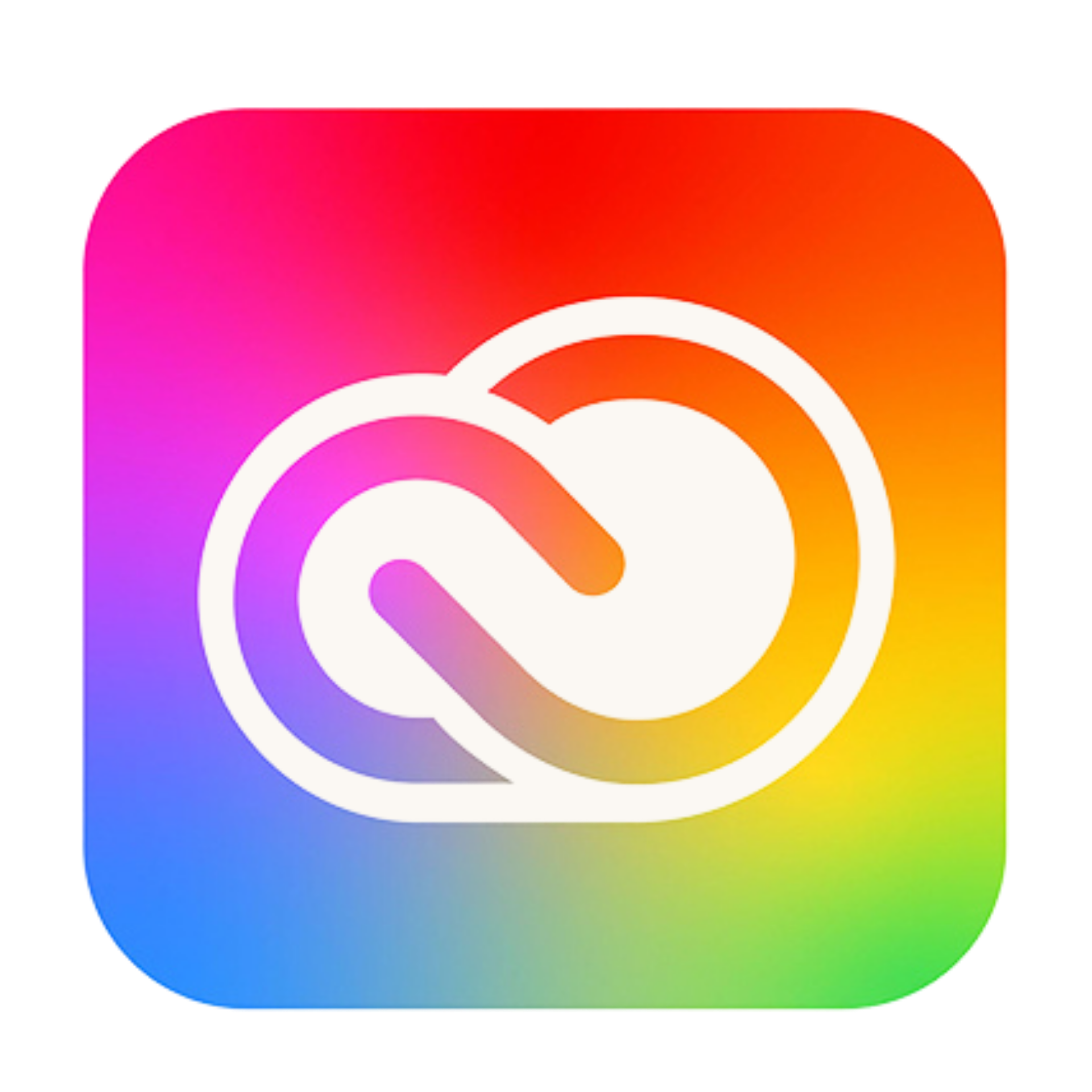 Icon of a white clock with a cloud outline background with a rainbow gradient.