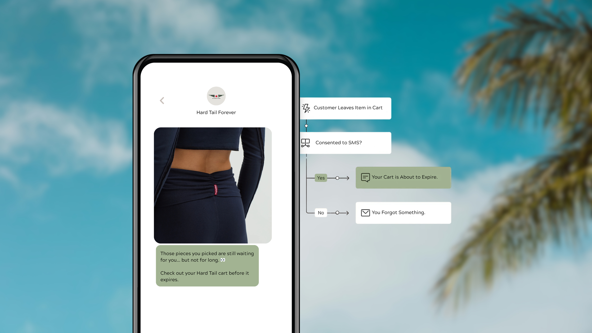 A smartphone displays a checkout page for a product called 'Hard Tail Forever,' showing a cropped image of a woman's midsection in athleticwear, with text indicating the pieces are waiting to be picked up, and a chat box beneath.