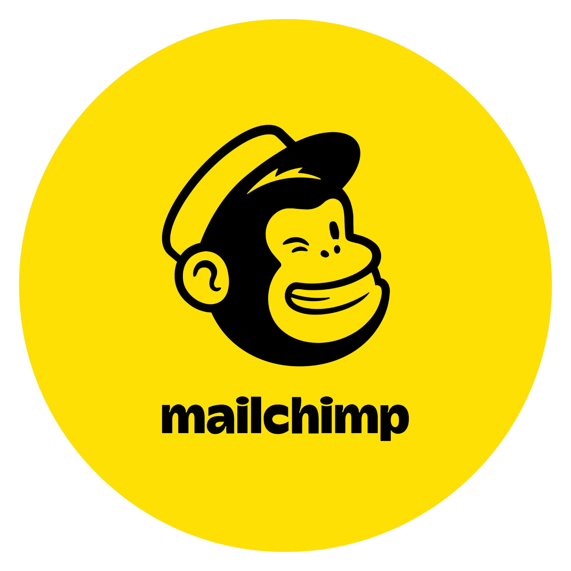 Black and yellow logo featuring a cartoon monkey face with a smiling expression and the word 'mailchimp' below in bold black letters.