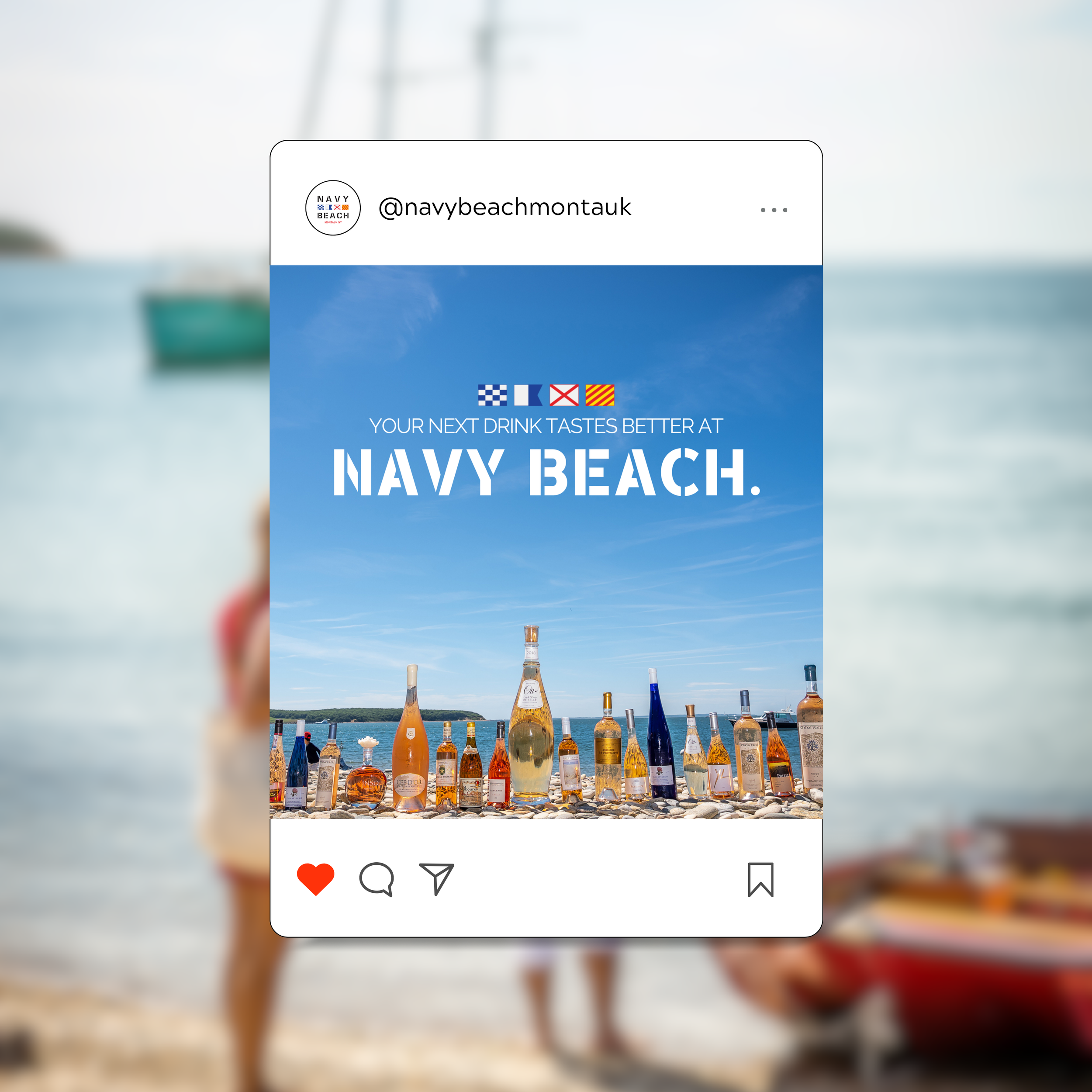 Instagram post promoting Navy Beach, featuring a lineup of various bottles of alcohol on a beach with a blue sky in the background.