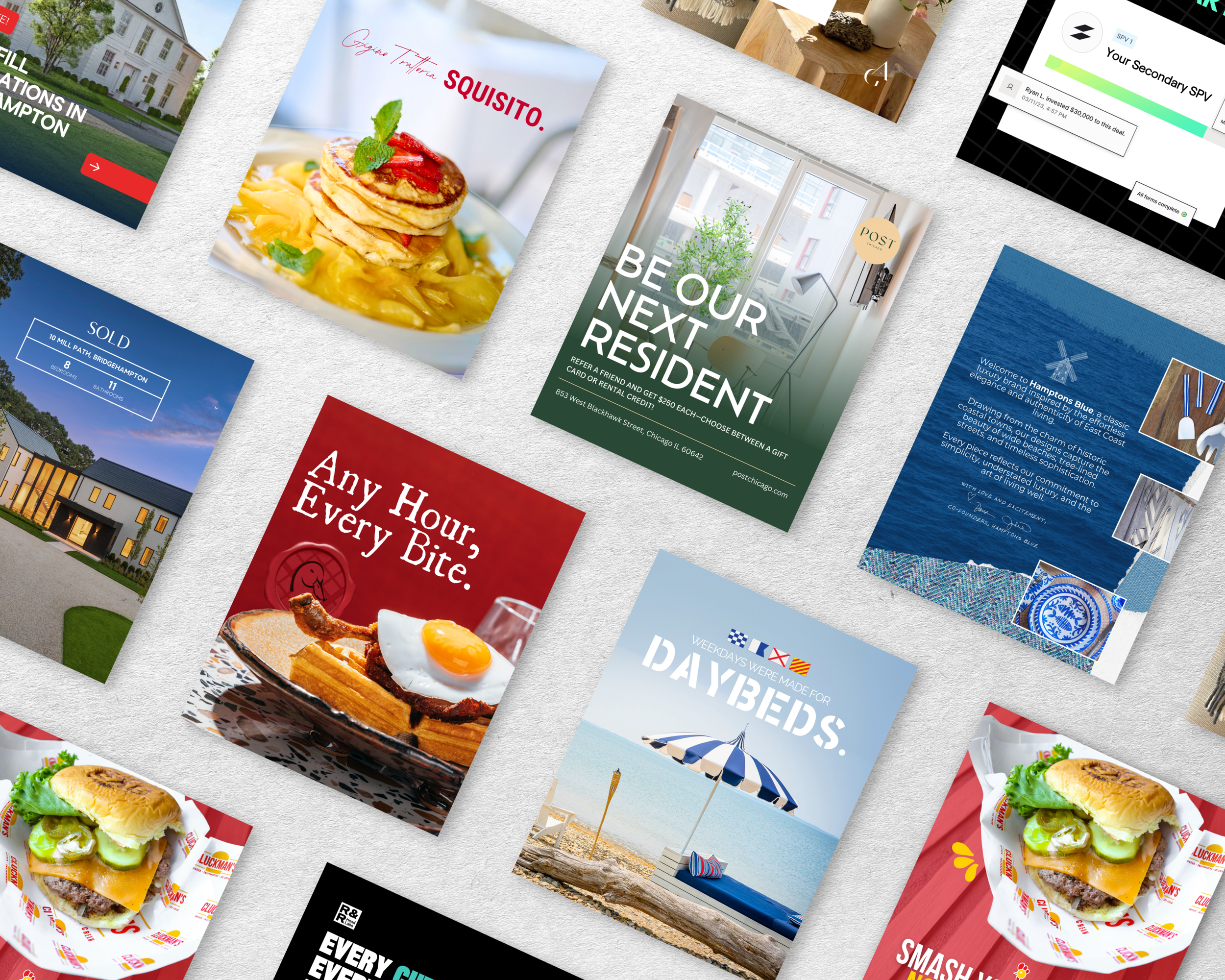 A collage of various promotional posters and advertisements for real estate, food, and lifestyle topics, including a pancake dish, a modern house, a beach scene with a sun umbrella, and various text-based advertisements.