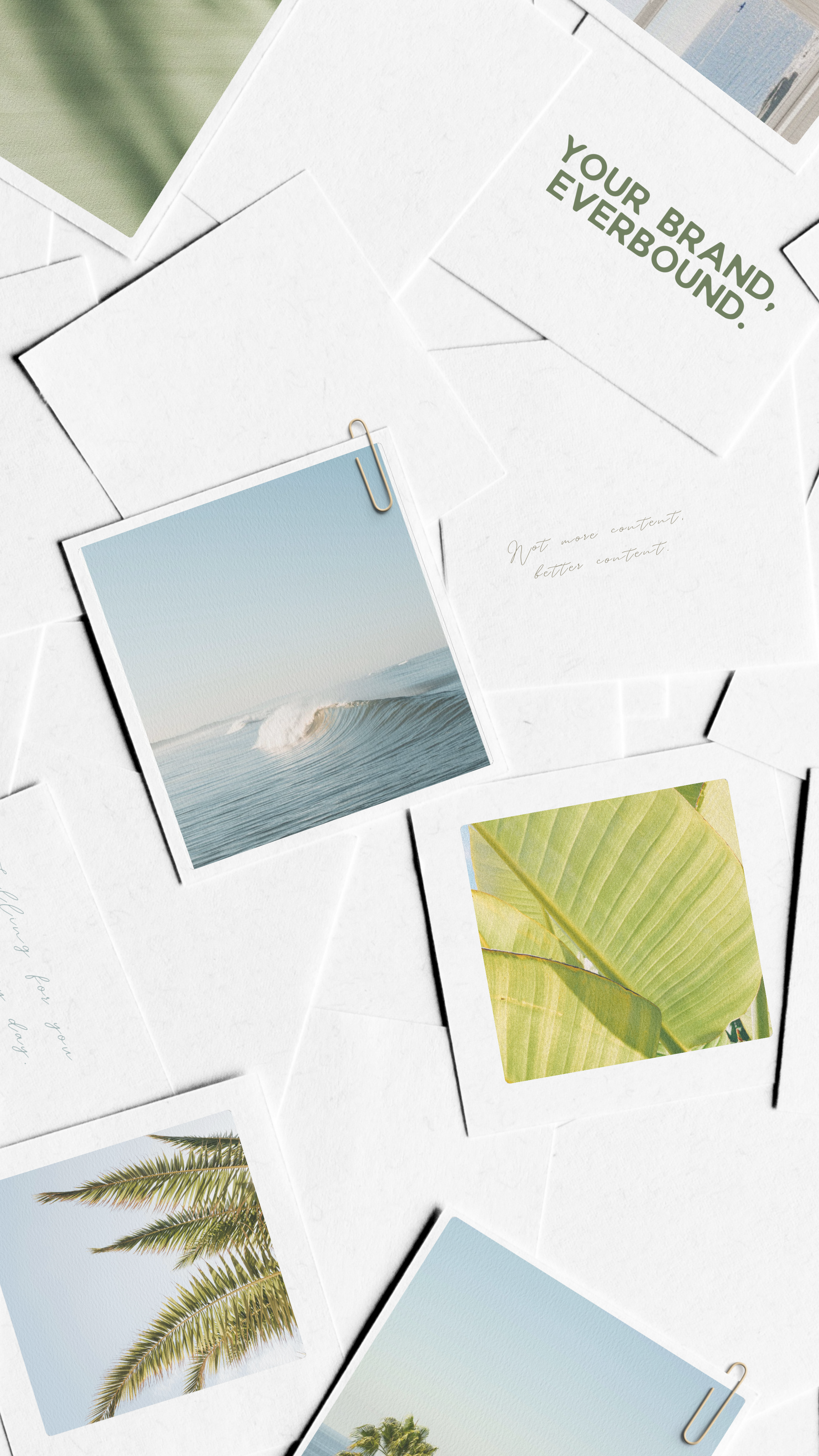 A collection of white postcards and photographs scattered on a white surface, including images of a wave, palm trees, and green leaves, with one postcard reading "Your Brand, Your Environment."
