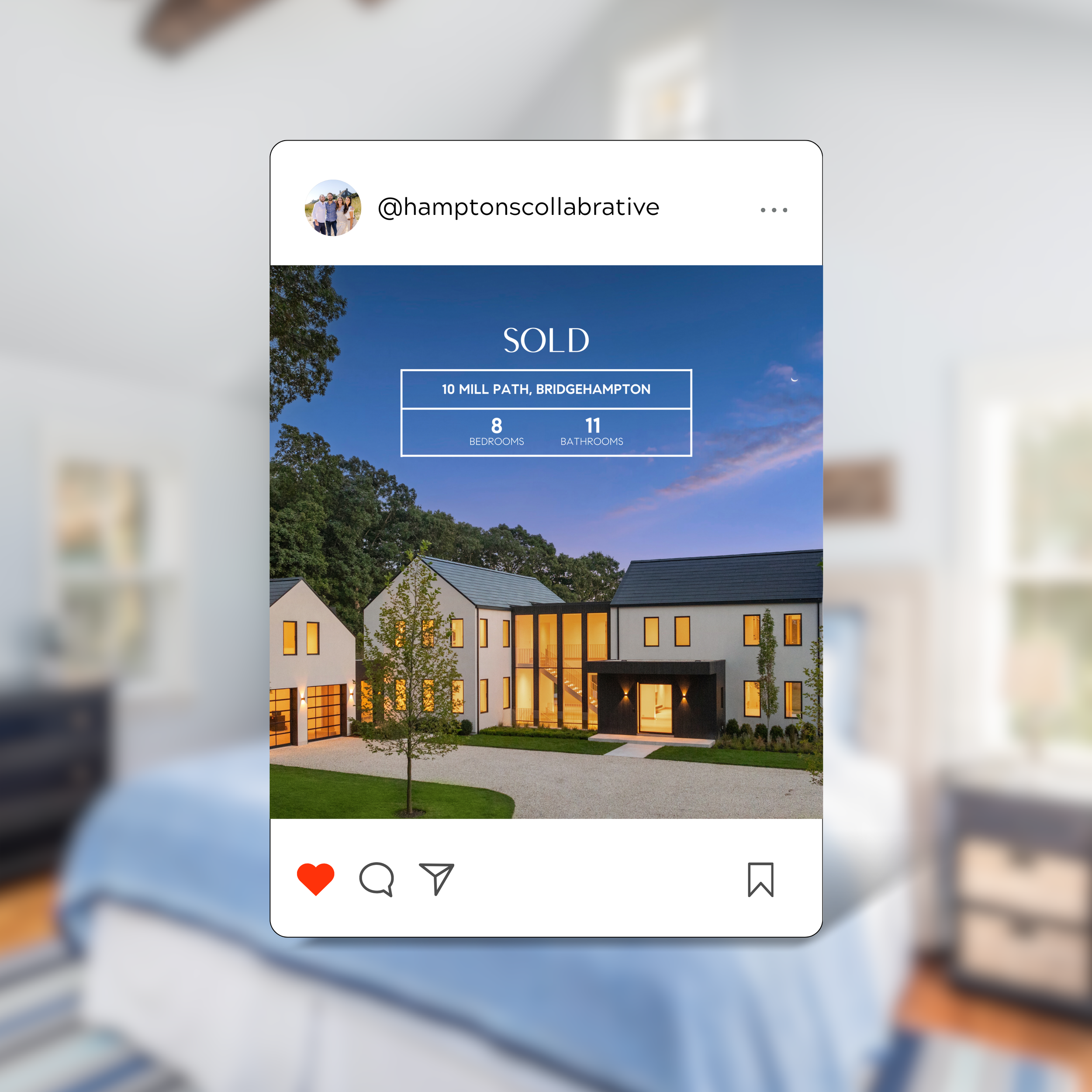 Social media post announcing the sale of a modern house located at 10 Mill Path, Bridgehampton, with 8 bedrooms and 11 bathrooms, showing an exterior view of the house at dusk with illuminated windows and a landscaped yard.