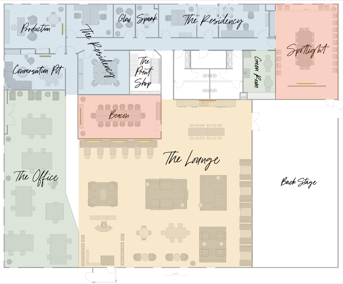 A detailed floor plan of a building with labeled rooms including The Lounge, Beacon, Conversation Pit, The Office, The Residency, The Print Shop, Glow, Spark, SpotLight, Green Room, Back Stage, and an outdoor seating area. The layout features various furniture arrangements and pathways connecting the rooms.
