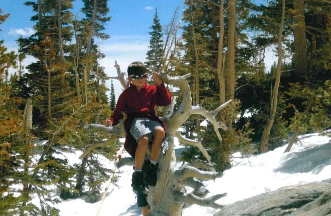 A young boy sitting on a tree branch in a snowy forest, wearing sunglasses, a red jacket, and shorts.
