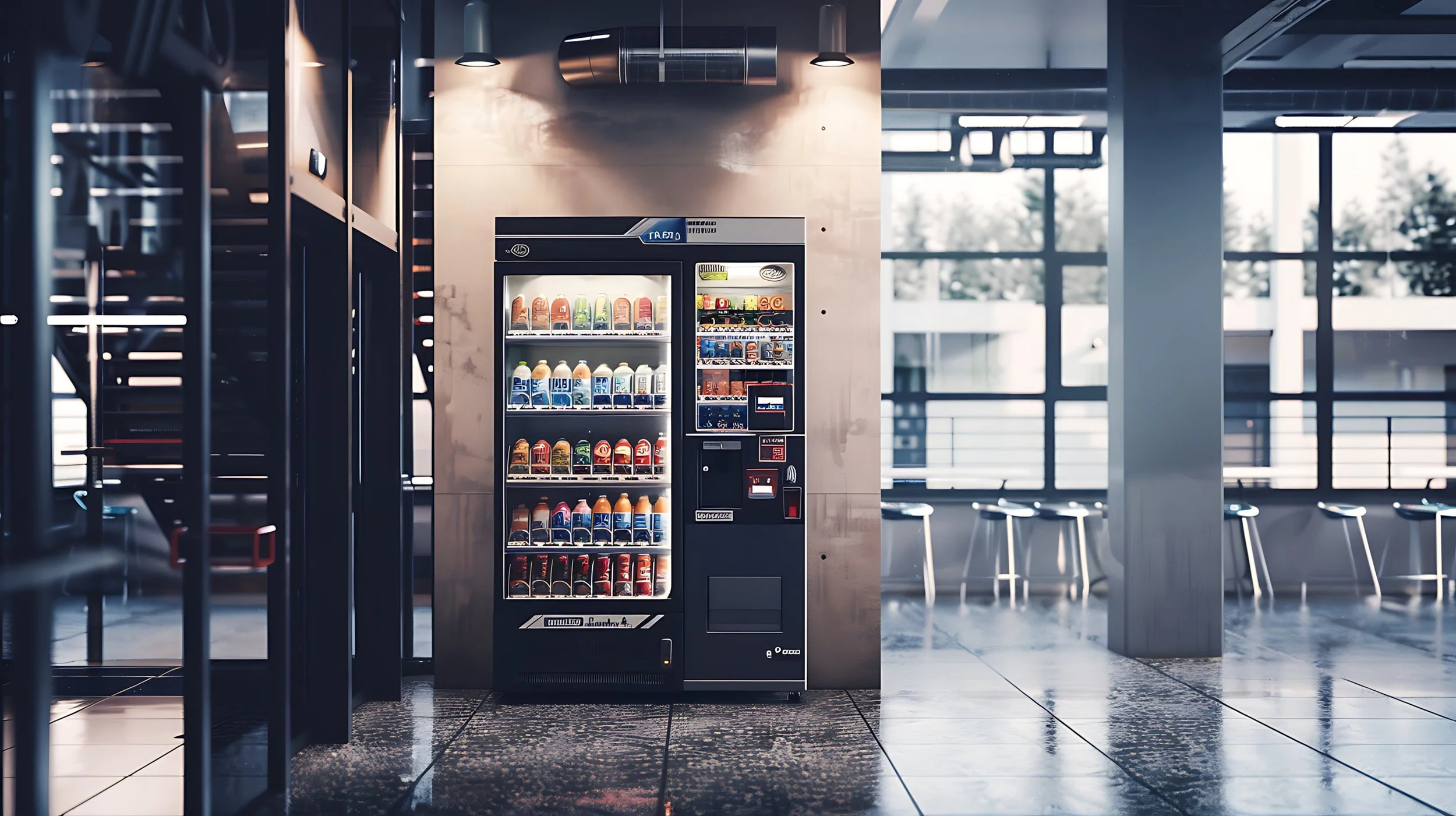 A vending machine with snacks and beverages inside, located in a modern building with large windows and seating area in the background.