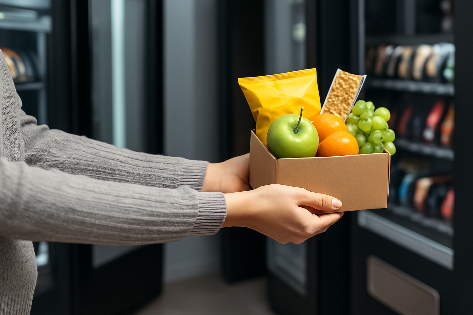 Person holding a box of assorted fruits and snacks in front of vending machines.