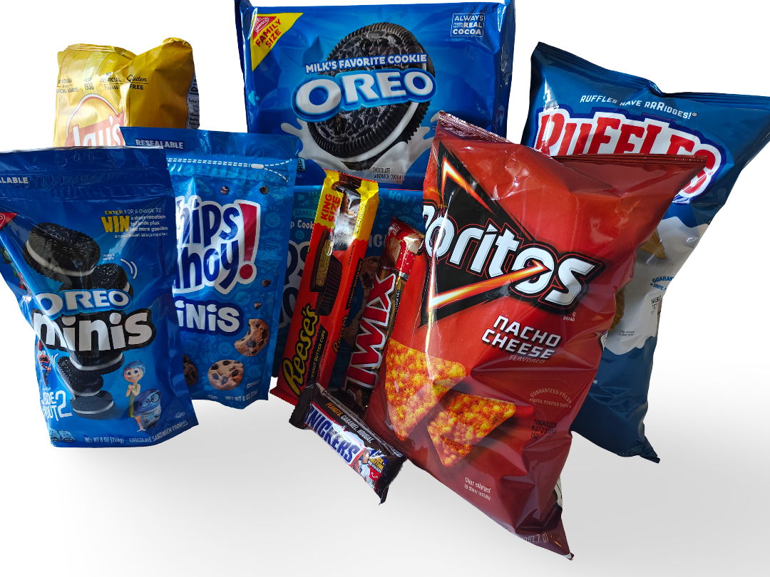 Various snack bags including Oreo cookies, Doritos Nacho Cheese chips, Chips Ahoy! cookies, Oreo Minis, Reese's Peanut Butter Cups, Twix chocolate bar, and Snickers candy bar.