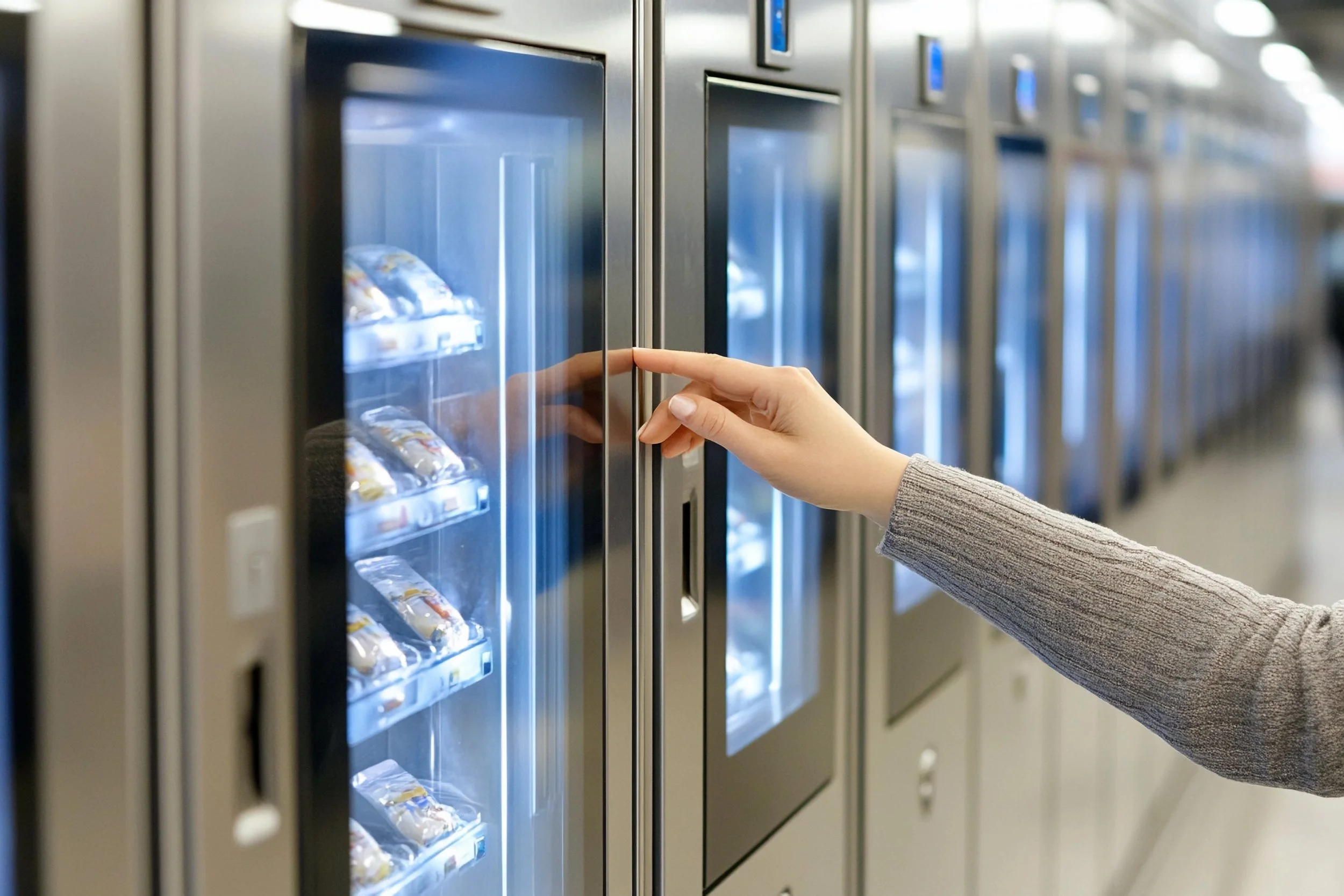 Person using a vending machine in an airport or train station.