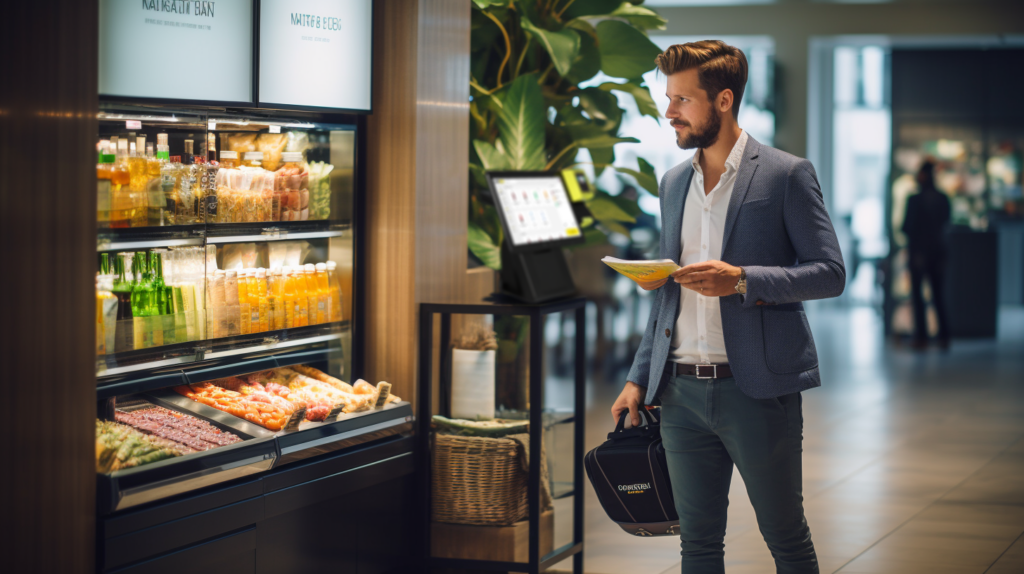 A man in a suit looking at food in a store or airport, holding a bowl and a handbag.