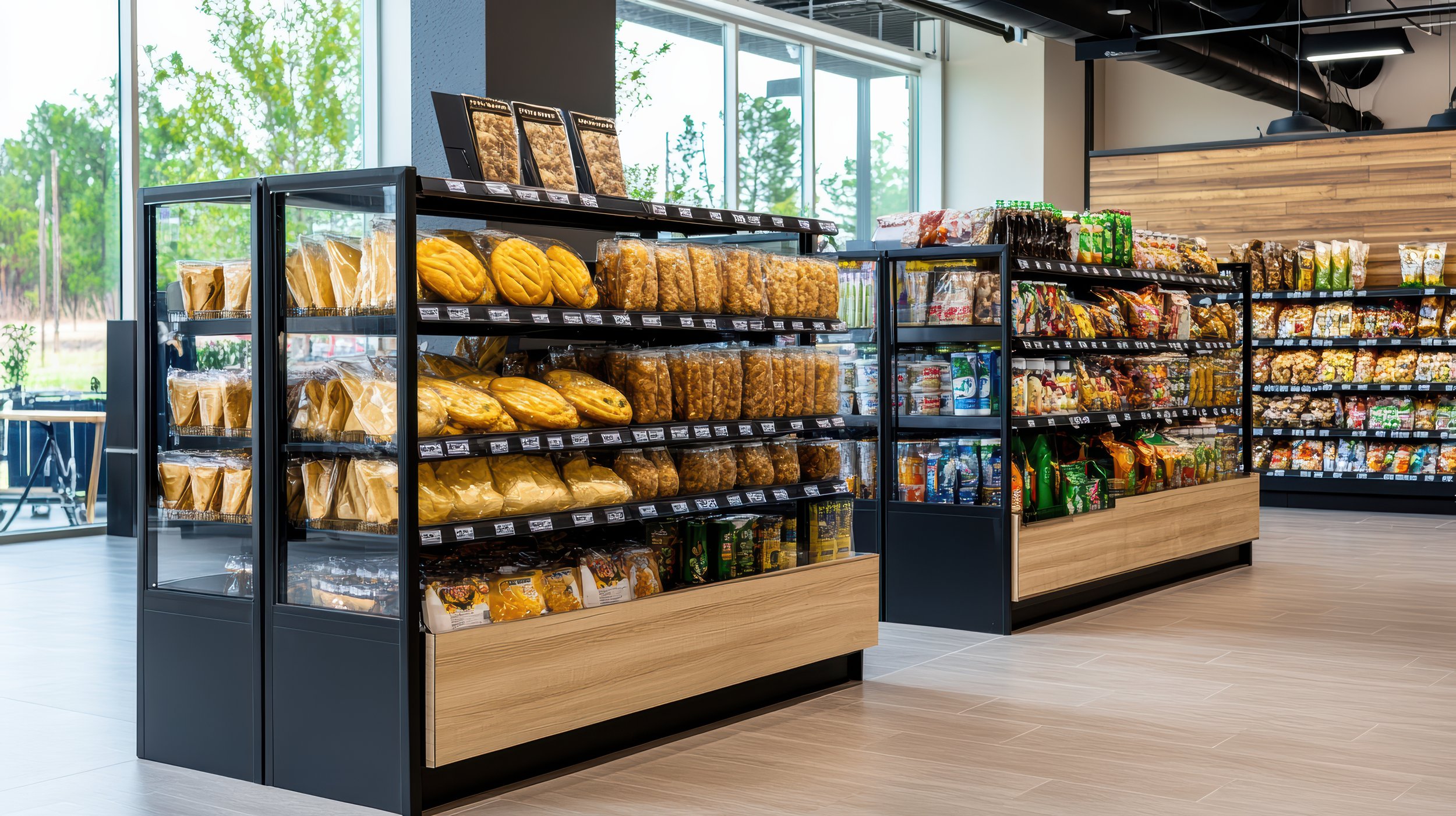 Grocery store aisle with shelves stocked with snack items, snacks on the left and chips on the right, with large windows letting in natural light.