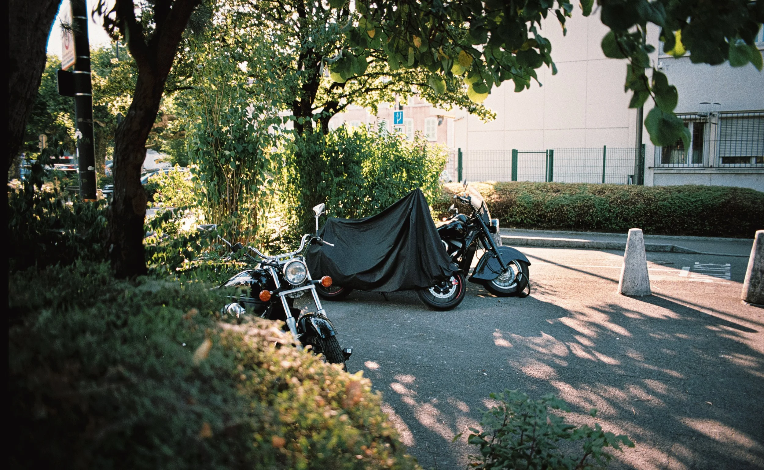 Dos motocicletas estacionadas bajo la sombra de árboles en un espacio urbano, con uno cubierto con una lona